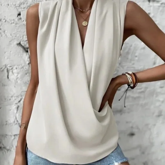 Luxe Satin Overlap Wrap Sleeveless Work Office Top - Picture 8 of 9